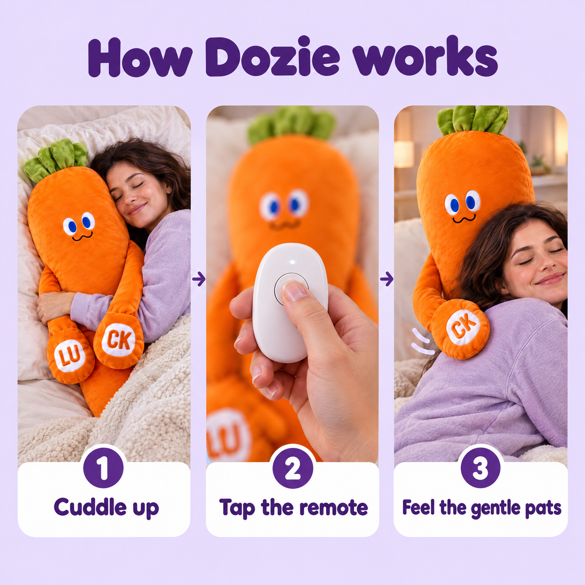 How Dozie works: cuddle up, tap the remote, feel the gentle pats