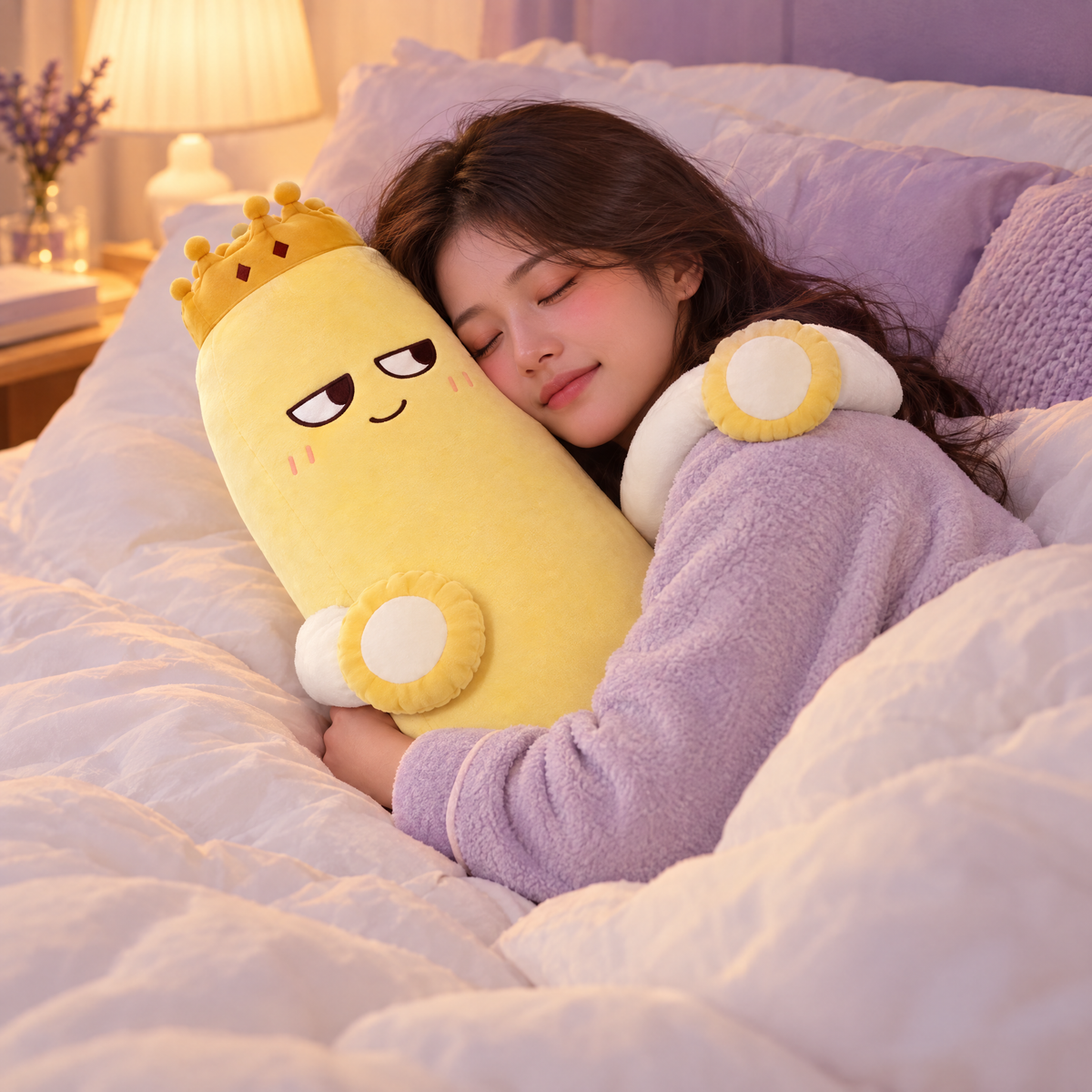 Woman sleeping while hugging the Dozie banana plush